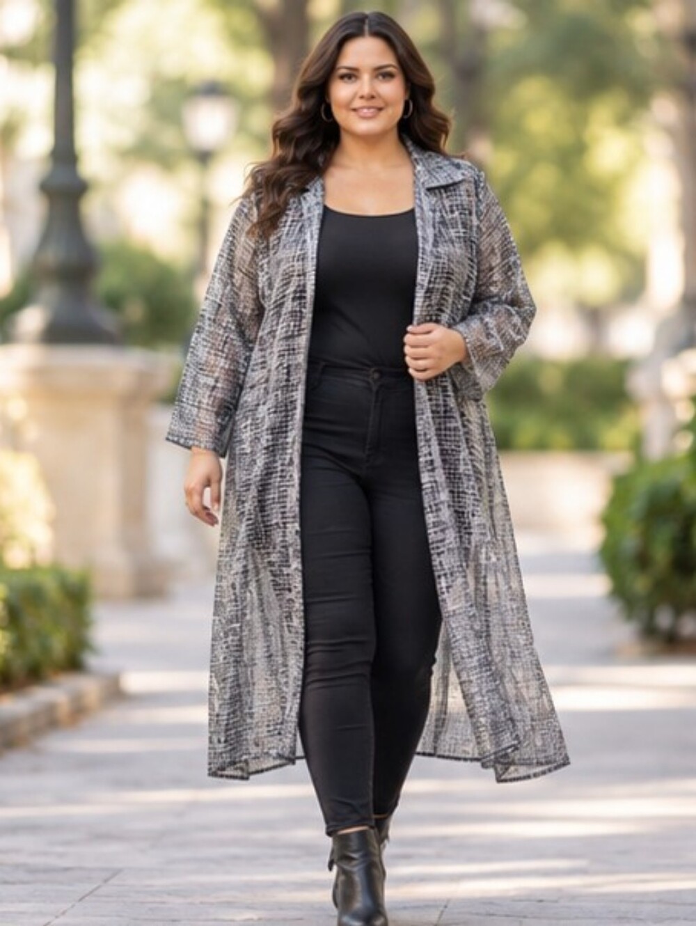 Midnight Velvet | Black Silver Sheer Open Front Long Duster Jacket- sz 18